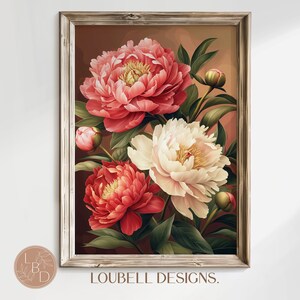 Pink and White Peonies Poster Painting Wall Art, Botanical Digital Art Peony Flowers White Pink Dark Mood Printable, Floral Cottage Download