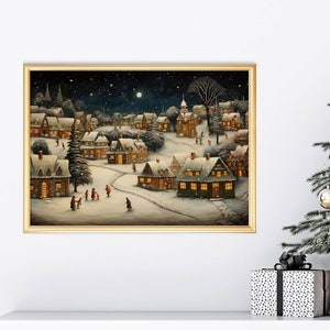 Arte de pared vintage de pueblo navideño imprimible, arte de pared vintage de noche de invierno navideño, decoración navideña de granja, pintura de pueblo nevado XMASV1