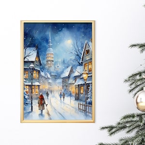 Blue Christmas Village Scene Wall Art INSTANT DOWNLOAD Blue Christmas Winter PRINTABLE Christmas Decor Watercolor style digital art XMAS01