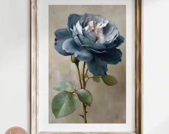 Impresión vintage de rosa azul: arte floral botánico antiguo para pared (descarga digital)