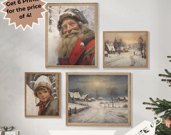 Conjunto vintage de 6 impressões de Natal, arte de parede de vila para impressão, arte vintage de paisagem de inverno de Natal, fazenda, Natal para impressão, XMASV1