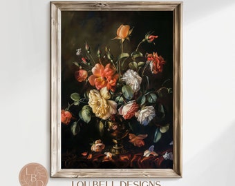 Vintage Rose Botanical Digital WALL ART Print, dark academia Floral rose art, Floral Oil Painting, Dark Cottagecore Decore, PRINTABLE, FV1