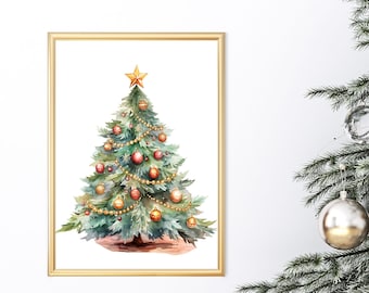 Watercolor Christmas Tree Print, Festive Holiday Decor (Digital Download)
