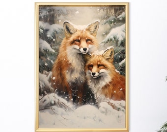 Lámina artística de zorro invernal, animales del bosque en un pinar nevado (descarga digital)