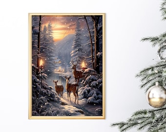 Christmas Reindeer Print, Winter Cabin Scene Wall Art (Digital Download)