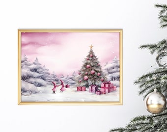 Pink Christmas Scene Wall Art INSTANT DOWNLOAD Pink Tree Watercolor Winter Pink Christmas Decor Nursery Pink Christmas Tree Gift XMAS01