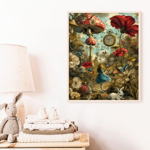 May include: A whimsical illustration of Alice in Wonderland, featuring a large red and white mushroom, a white rabbit, and a pocket watch. The scene is filled with colorful flowers and butterflies, creating a magical and surreal atmosphere.