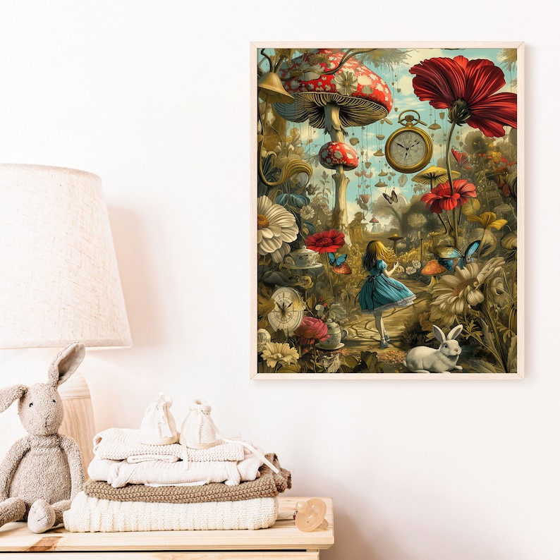 May include: A whimsical illustration of Alice in Wonderland, featuring a large red and white mushroom, a white rabbit, and a pocket watch. The scene is filled with colorful flowers and butterflies, creating a magical and surreal atmosphere.