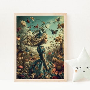 May include: A young girl with long blonde hair and a blue dress stands in a field of flowers and butterflies. The girl is surrounded by a variety of colorful butterflies, including blue, purple, and orange. The flowers are a mix of pink, yellow, and white.
