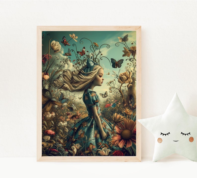 May include: A young girl with long blonde hair and a blue dress stands in a field of flowers and butterflies. The girl is surrounded by a variety of colorful butterflies, including blue, purple, and orange. The flowers are a mix of pink, yellow, and white.