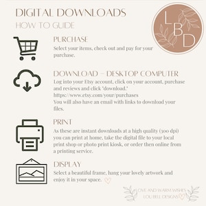 May include: A digital download guide with instructions on how to purchase, download, print, and display digital artwork. The guide includes icons for a shopping cart, a cloud with a download arrow, a printer, and a picture frame.
