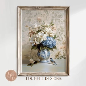 Chinoiserie wall art blue vase prints Blue Hydrangea & White Gardenias, Ginger Jar Print Floral Decor Blue and White Vase Farmhouse Wall Art