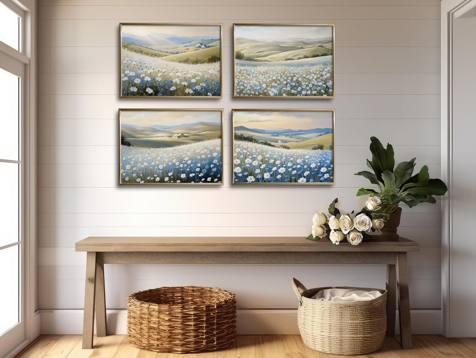 Blue Wildflower Field Oil Painting Print Download Set of 4, Botanical ...