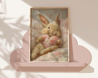 Op de afbeelding: Een wit konijn met roze oren en een roze hartvormig kussen in zijn pootjes, liggend in een bed met een bloemenpatroon.