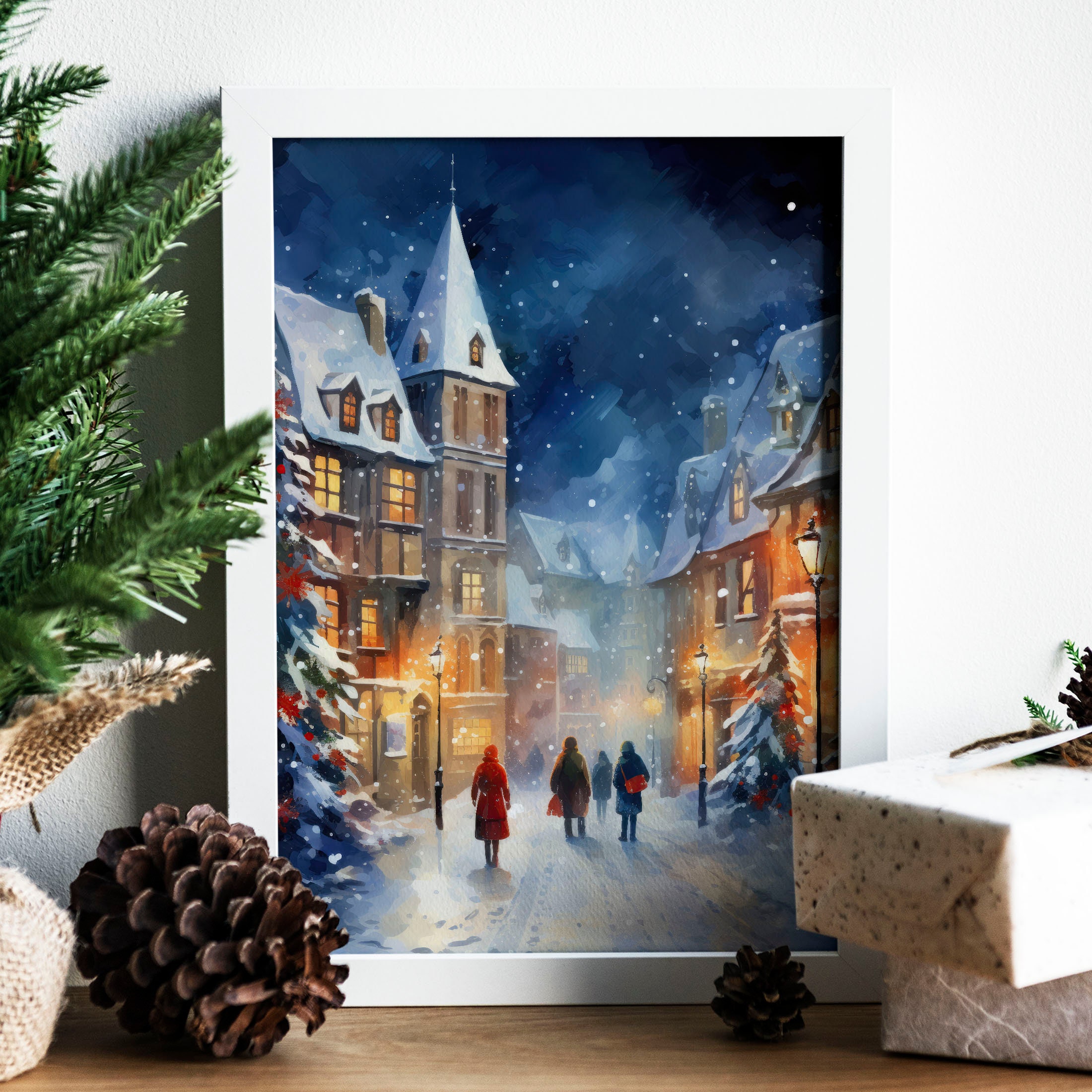 Printable Art Blue Christmas Village Winter Town Wall Art Snowy Winter ...