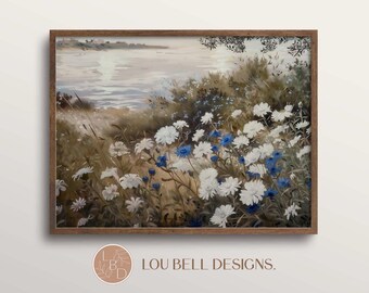 Coastal Wildflower field landscape wall art print, White and blue flowers by the Seaside, Vintage Farmhouse Nature Art Printable Download