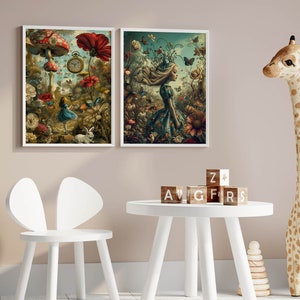 May include: Two framed illustrations of a whimsical Alice in Wonderland theme. The first image features a girl in a blue dress standing in a garden with butterflies and flowers. The second image features a girl in a blue dress standing in a garden with butterflies and flowers. The images are framed in white and hung on a light brown wall.