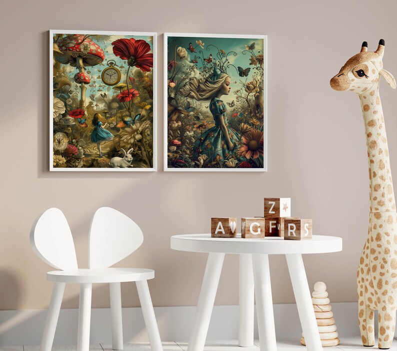 May include: Two framed illustrations of a whimsical Alice in Wonderland theme. The first image features a girl in a blue dress standing in a garden with butterflies and flowers. The second image features a girl in a blue dress standing in a garden with butterflies and flowers. The images are framed in white and hung on a light brown wall.