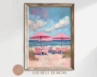 Vintage Pink Beach Umbrella Painting – Retro Coastal Art (Digital Download)