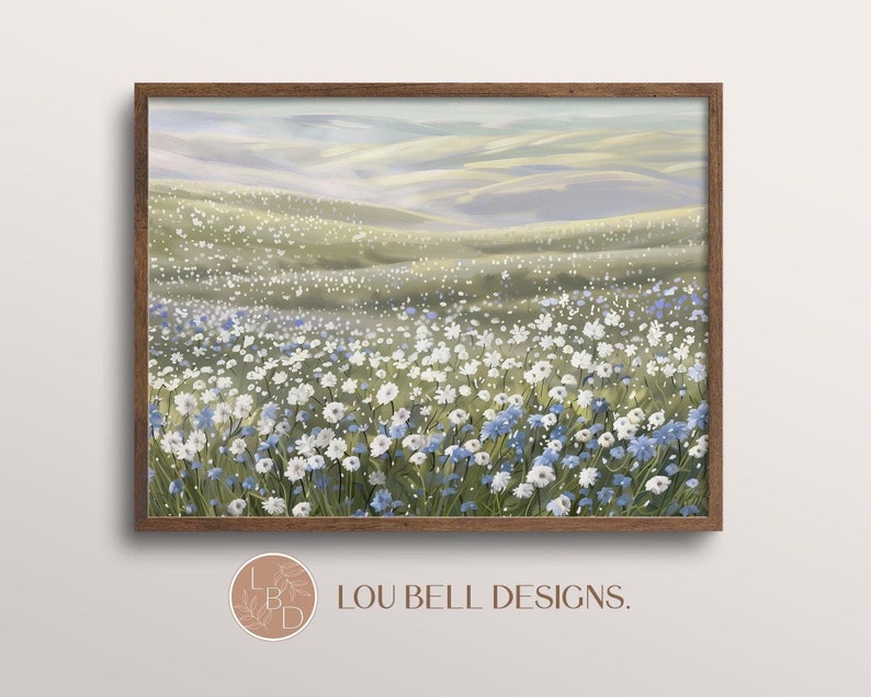 Blue White Wildflower Meadow Impressionist Oil Painting Wall Art Print ...