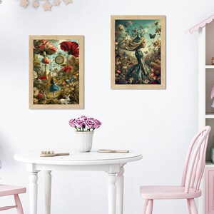 May include: Two framed illustrations of Alice in Wonderland. The first image shows Alice standing in a forest with a mushroom and a pocket watch. The second image shows Alice standing in a field of flowers with butterflies.