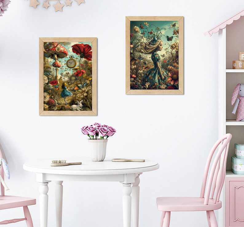 May include: Two framed illustrations of Alice in Wonderland. The first image shows Alice standing in a forest with a mushroom and a pocket watch. The second image shows Alice standing in a field of flowers with butterflies.