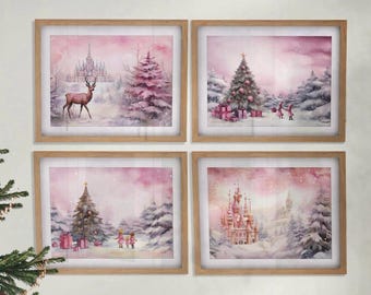 Pink Christmas Scene Wall Art Set of 4 INSTANT DOWNLOAD Pink Watercolor Winter Pink Christmas Decor Pink Christmas Tree Xmas Gift No1 XMAS01