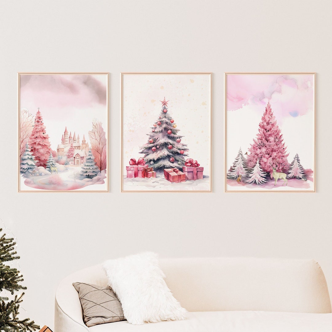 Pink Christmas Scene Wall Art Set of 3 INSTANT DOWNLOAD Pink Tree