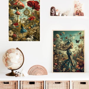 May include: Two Alice in Wonderland themed illustrations. The first shows Alice in a blue dress standing in a whimsical forest with mushrooms, flowers, and a pocket watch. The second shows Alice in a blue dress with long blonde hair standing in a field of flowers with butterflies.