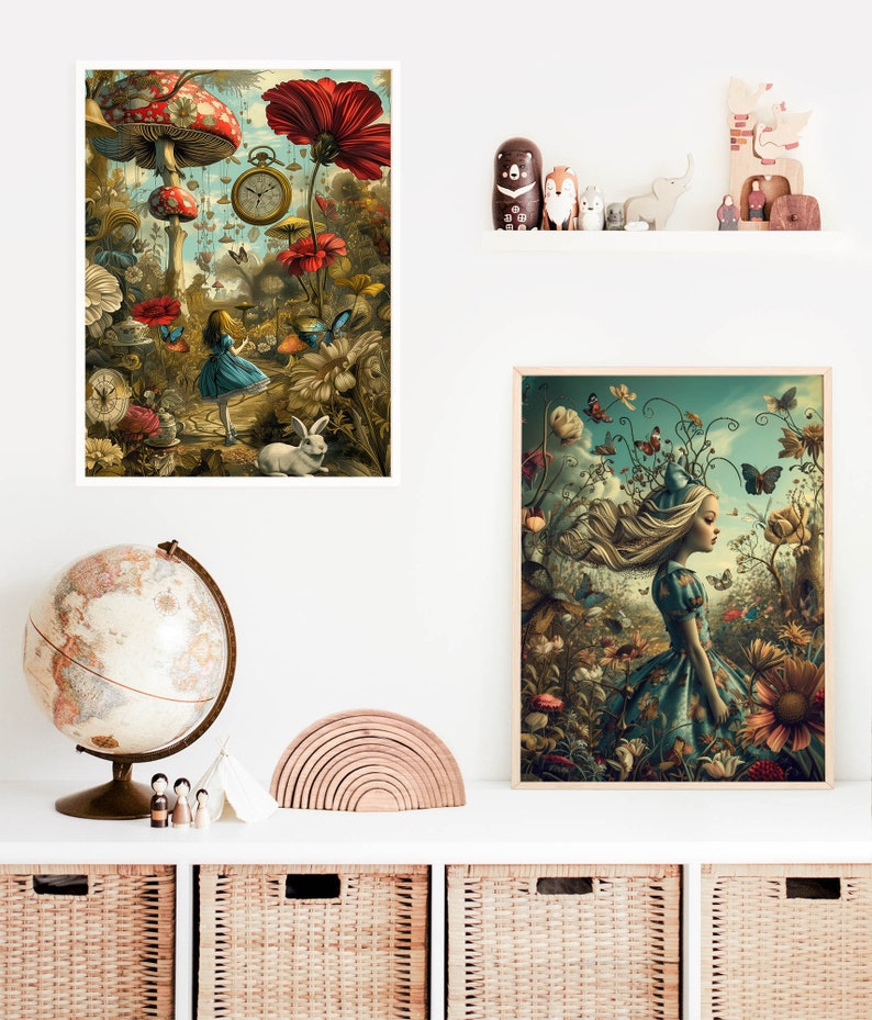 May include: Two Alice in Wonderland themed illustrations. The first shows Alice in a blue dress standing in a whimsical forest with mushrooms, flowers, and a pocket watch. The second shows Alice in a blue dress with long blonde hair standing in a field of flowers with butterflies.