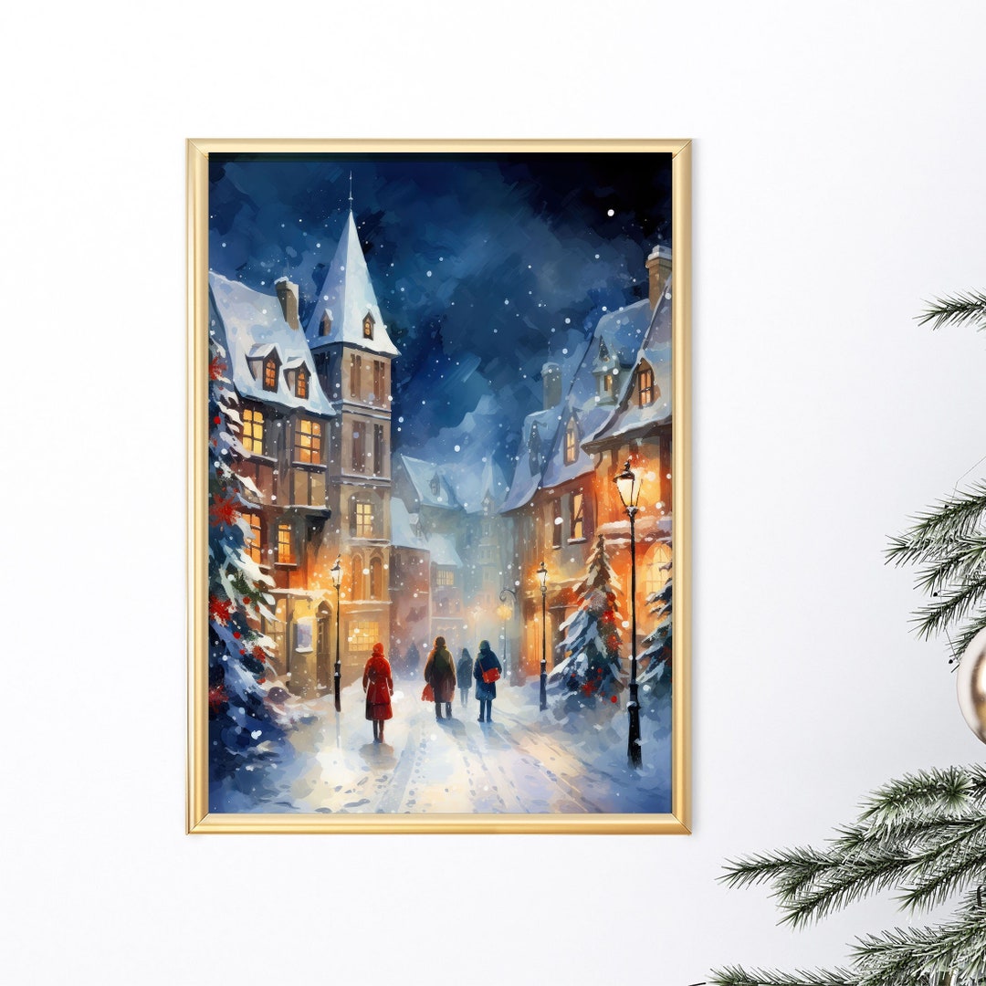Printable Art Blue Christmas Village Winter Town Wall Art Snowy Winter ...