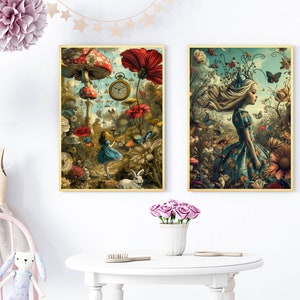 May include: Two framed prints with a whimsical Alice in Wonderland theme. The first print features a girl in a blue dress walking through a forest with mushrooms, flowers, and butterflies. The second print shows a girl with long blonde hair in a blue dress standing in a forest with flowers and butterflies.