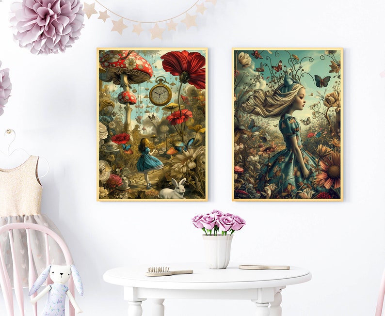 May include: Two framed prints with a whimsical Alice in Wonderland theme. The first print features a girl in a blue dress walking through a forest with mushrooms, flowers, and butterflies. The second print shows a girl with long blonde hair in a blue dress standing in a forest with flowers and butterflies.