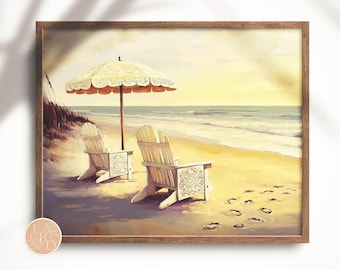 Vintage Beach Umbrella Art Print – Coastal Seascape Painting (Digital Download)
