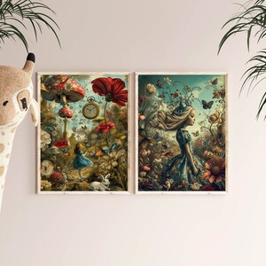 May include: Two framed prints with a whimsical Alice in Wonderland theme. The left print features a mushroom forest with a girl in a blue dress and a pocket watch. The right print shows a girl in a blue dress with a crown of flowers, standing in a field of flowers and butterflies.