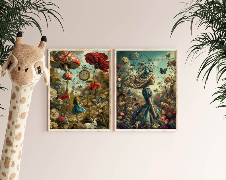 May include: Two framed prints with a whimsical Alice in Wonderland theme. The left print features a mushroom forest with a girl in a blue dress and a pocket watch. The right print shows a girl in a blue dress with a crown of flowers, standing in a field of flowers and butterflies.
