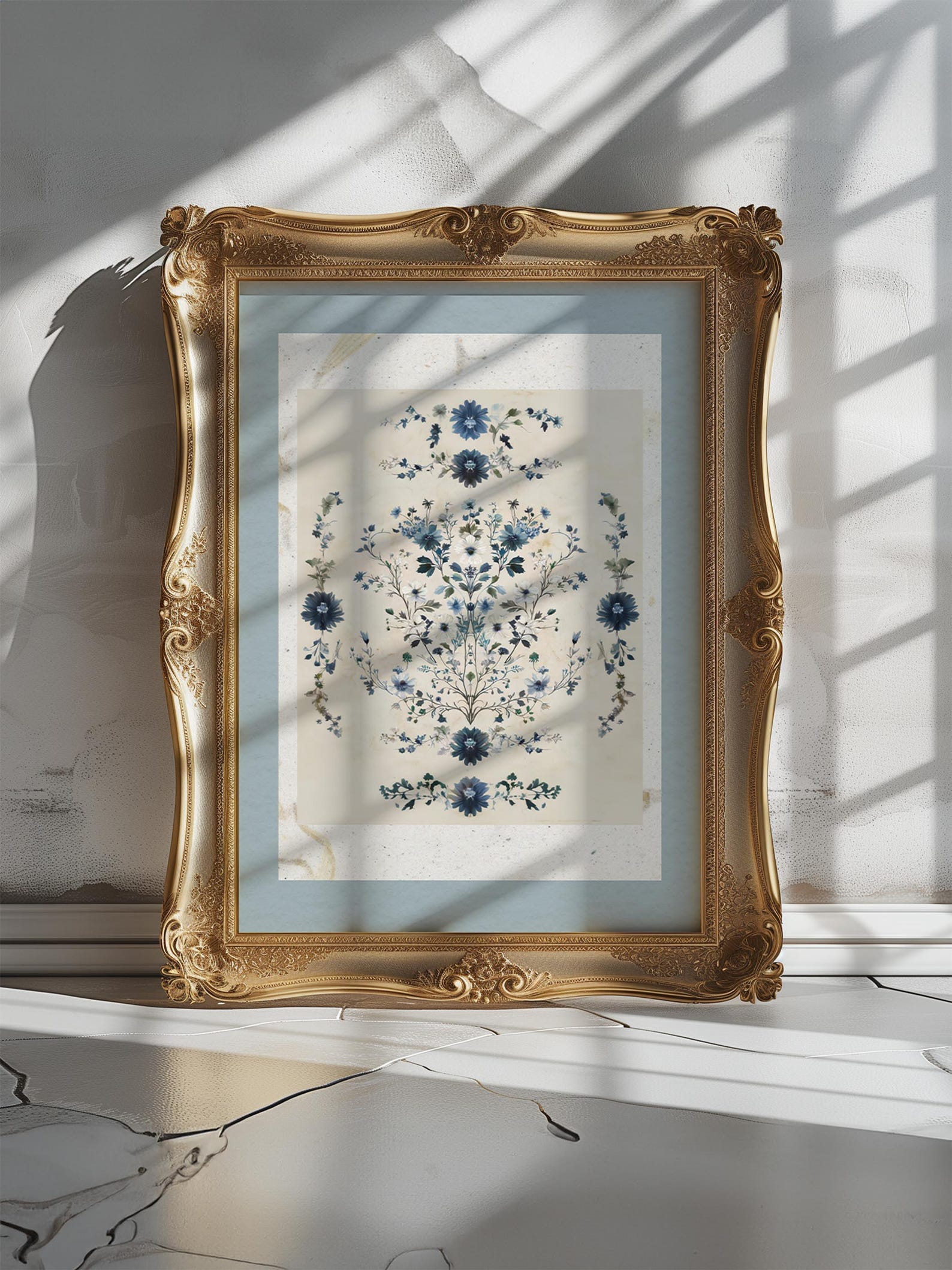 French Blue Botanical Motif Wall Art Printable, Vintage Floral ...