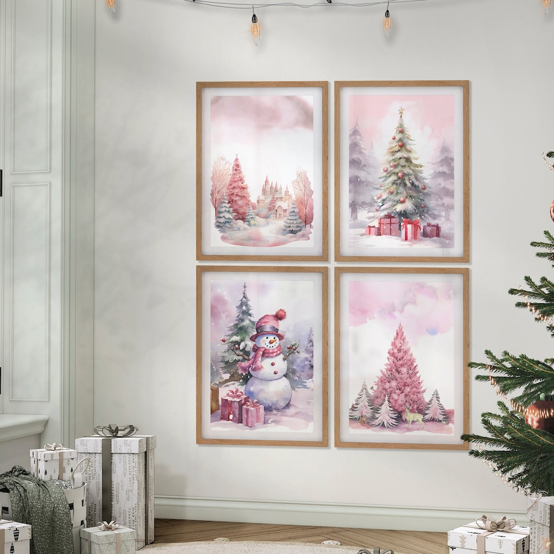 Pink Christmas Scene Wall Art Set of 4 INSTANT DOWNLOAD Pink Watercolor