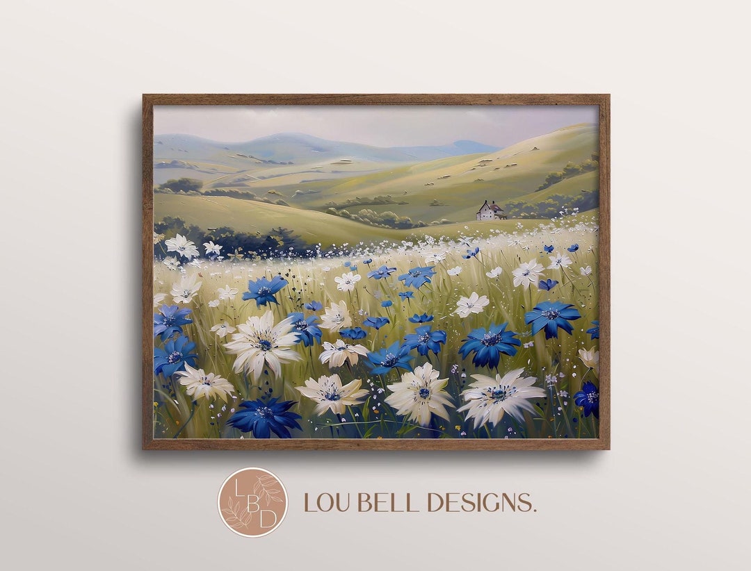 Blue White Wildflower Meadow Impressionist Oil Painting Wall Art ...