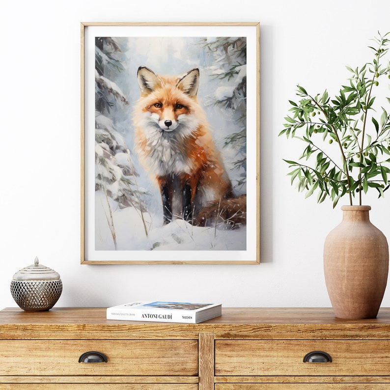 Rustic Fox Image Winter Fox Art PRINTABLE, Red Fox in Snowy Fir Forest DIGITAL Print ...