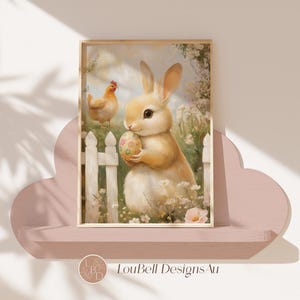 Vintage Rabbit Print Download Easter Bunny Floral Wall Art, Spring Nursery Flower Decor, Digital Bunny Painting Rustic Farmhouse Kids Room