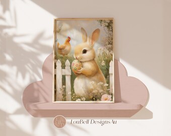 Vintage Easter Bunny Print, Floral Spring Nursery Decor (Digital Download)