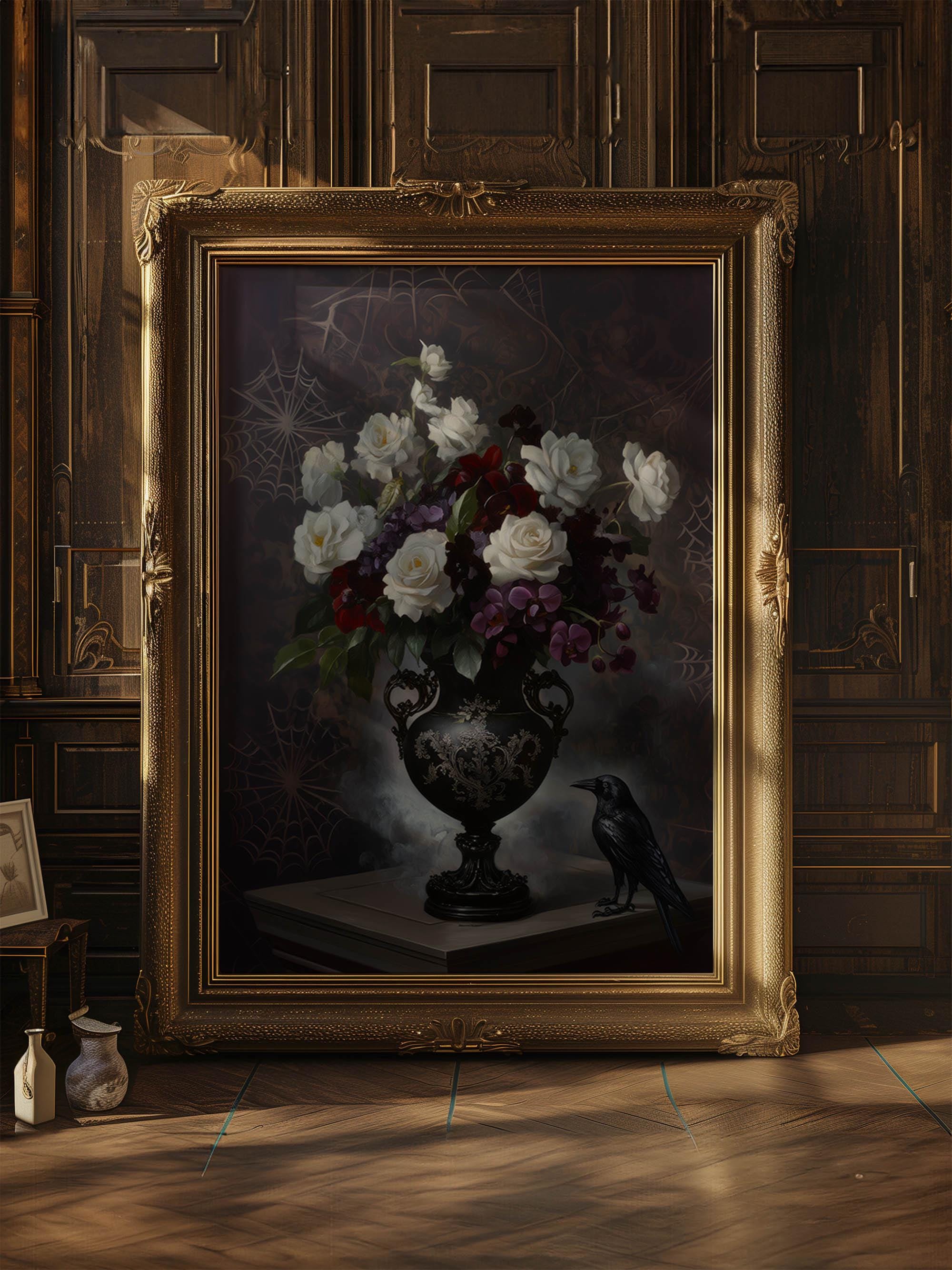 White Floral Art Print Antique Moody Rose Oil Painting, Dark Floral ...