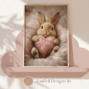 Nursery Rabbit Print Download Bunny holding Heart - Whimsical Bunny Printable Wall Art - Decor for Girls Baby Rooms and Nursery - Digital