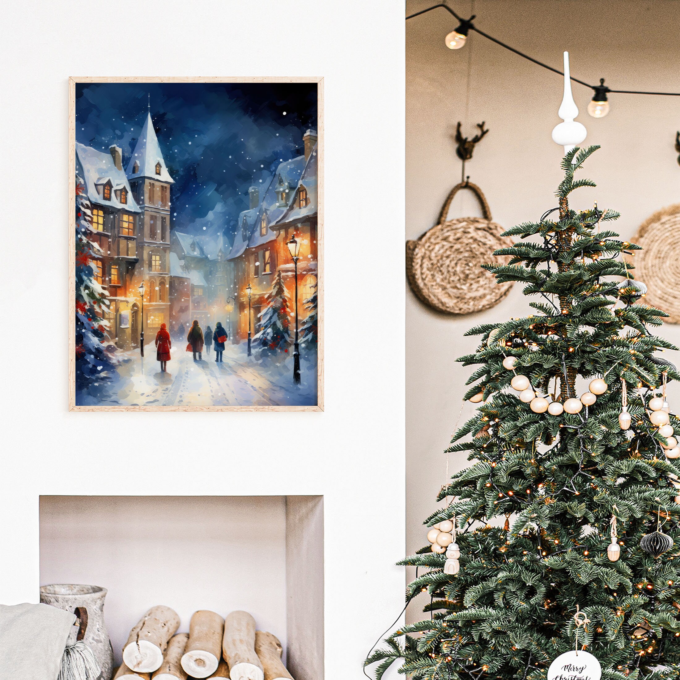 Printable Art Blue Christmas Village Winter Town Wall Art Snowy Winter ...