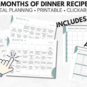 Plan Your Dinners with Ease: Clickable 3 Month Calendar, Printable Meal Planner, and Grocery List with 90 Quick and Easy Recipes