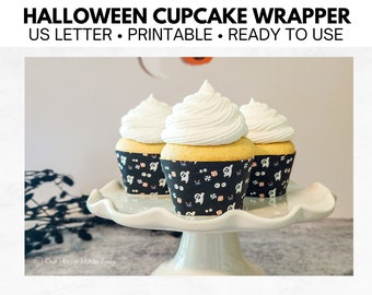Fun Black Halloween Ghost Candy Party Cupcake Wrappers | Set of 4 per Sheet | Instant Download