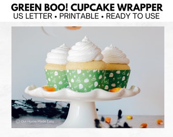 Green Pumpkin Boo Halloween Party Cupcake Wrappers | Set of 4 per Sheet | Instant Download