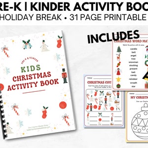 Könnte beinhalten: Ein spiralgebundenes "Kids Christmas Activity Book" mit rotem, grünem und weißem Einband, mit Illustrationen zum Thema Feiertage. Das Bild enthält auch ausdruckbare Arbeitsblätter mit Wortzuordnungs-, Zähl- und Ausmalübungen.