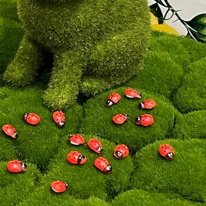 May include: A green, mossy bunny figurine with red ladybugs scattered around it on a green mossy surface.